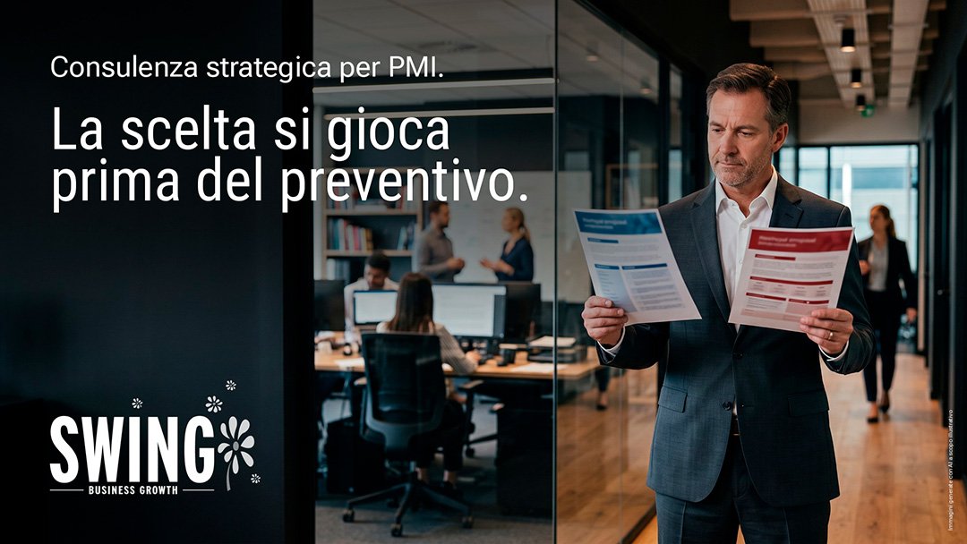 consulenza strategica per PMI Consulenza strategica per PMI: come riconoscere quella che serve. Un imprenditore confronta due proposte di consulenza in un ufficio direzionale, prima di scegliere