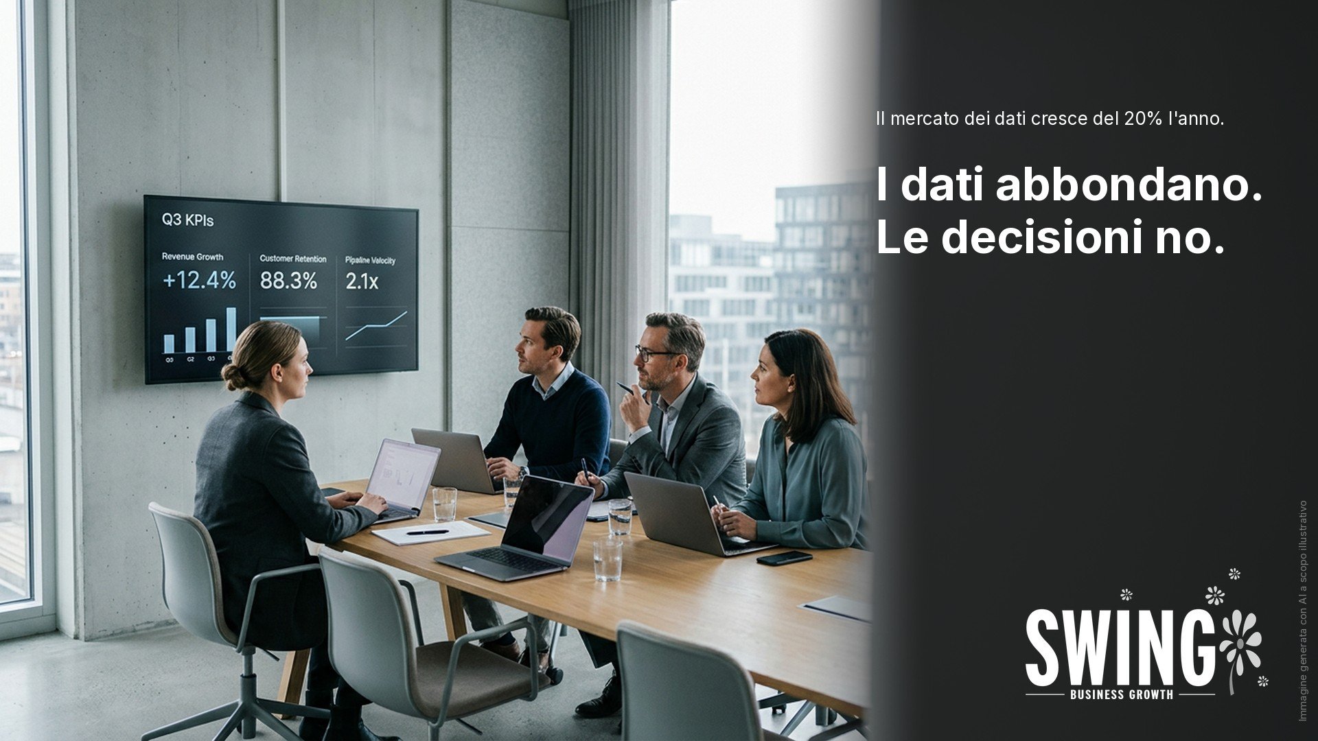 Dashboard decisionali: un team di direzione analizza pochi indicatori chiave su uno schermo in sala riunioni - Ideaswing