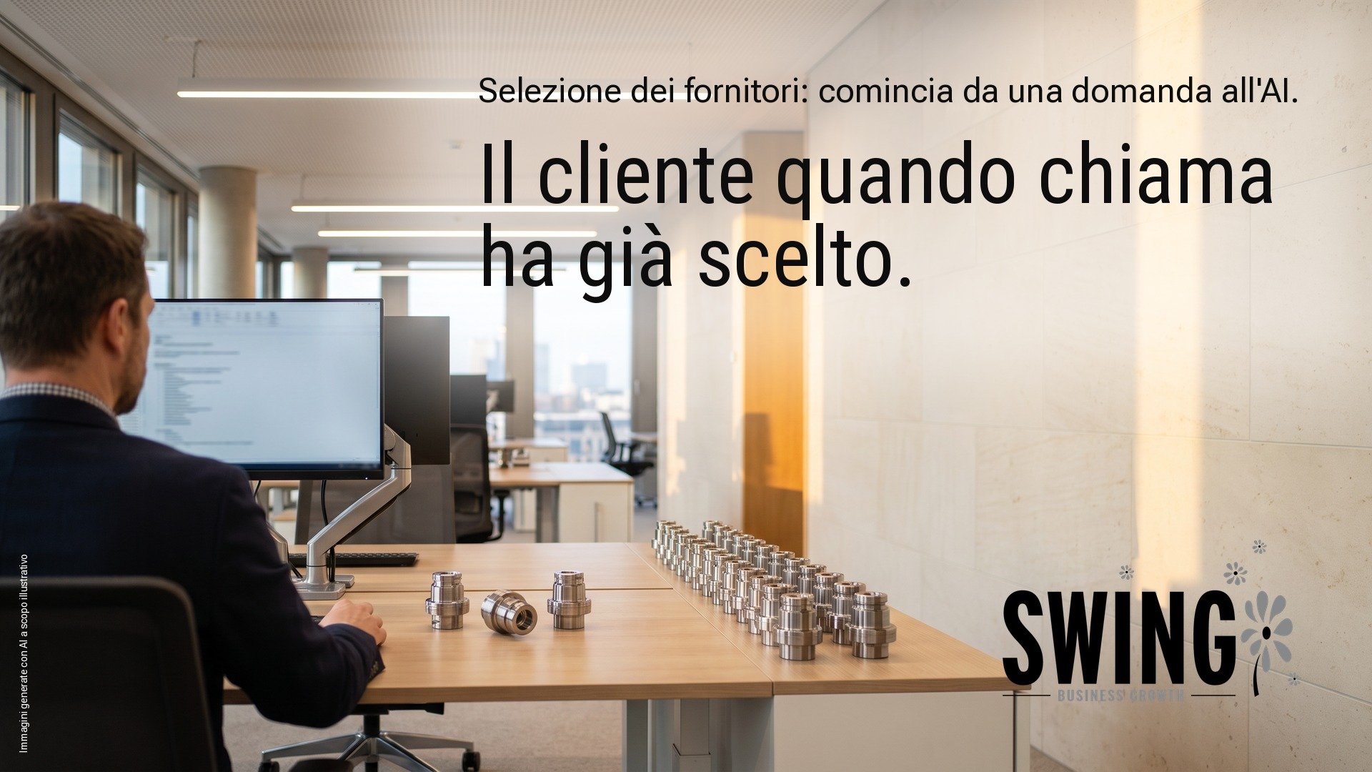 selezione dei fornitori Selezione dei fornitori: quando il cliente chiama, ha già scelto. Selezione dei fornitori: un dirigente lavora al monitor in un ufficio luminoso, con tre componenti in acciaio messi da parte rispetto a una lunga fila di pezzi simili.